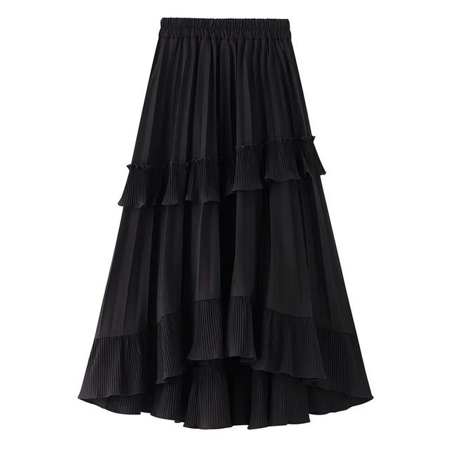 Half Length Skirt Female Summer A Line Pleated Skirt New Front Short And Back Long Ruffled Irregular Cake Skirt Black - Shop at LoveMi