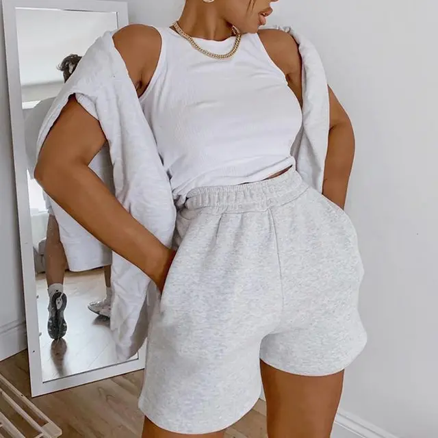 Sports Solid Color Elastic Waist Wide Leg Female Tracksuit Workout Bottoms Shorts Gray - Shop at LoveMi