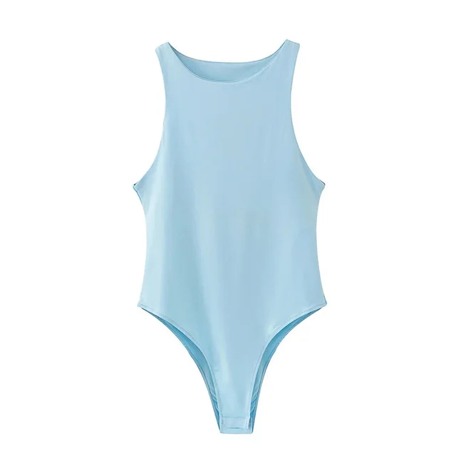 Sexy Sleeveless Round Neck Bodysuit Light Blue - Shop at LoveMi