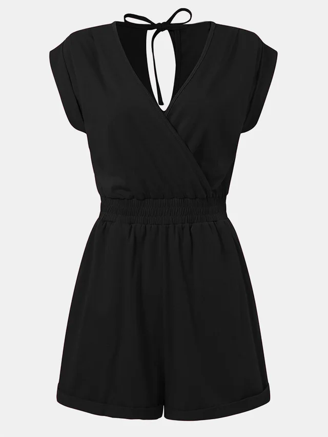 Ladies Home Pajamas Casual Solid Color V Neck Jumpsuit Black - Shop at LoveMi