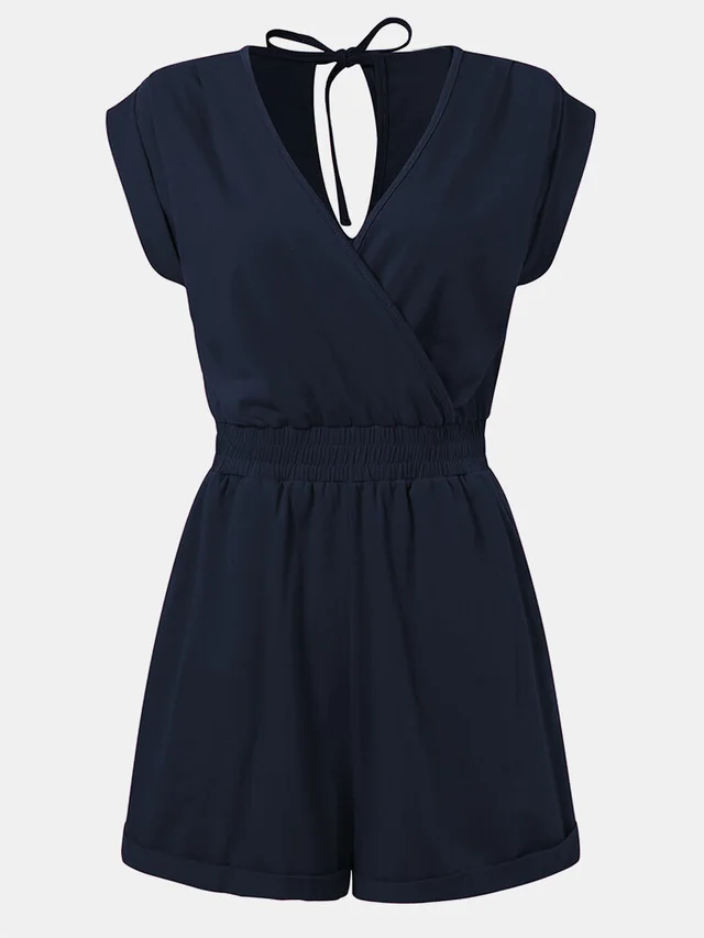 Ladies Home Pajamas Casual Solid Color V Neck Jumpsuit Blue - Shop at LoveMi