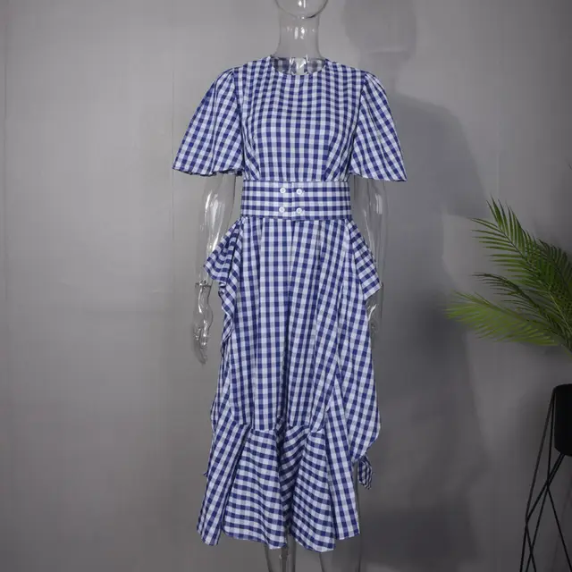 Dress Female Summer New Long Skirt And Ruffled Plaid Blue - Shop at LoveMi