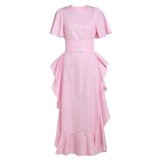 Dress Female Summer New Long Skirt And Ruffled Plaid Pink - Shop at LoveMi