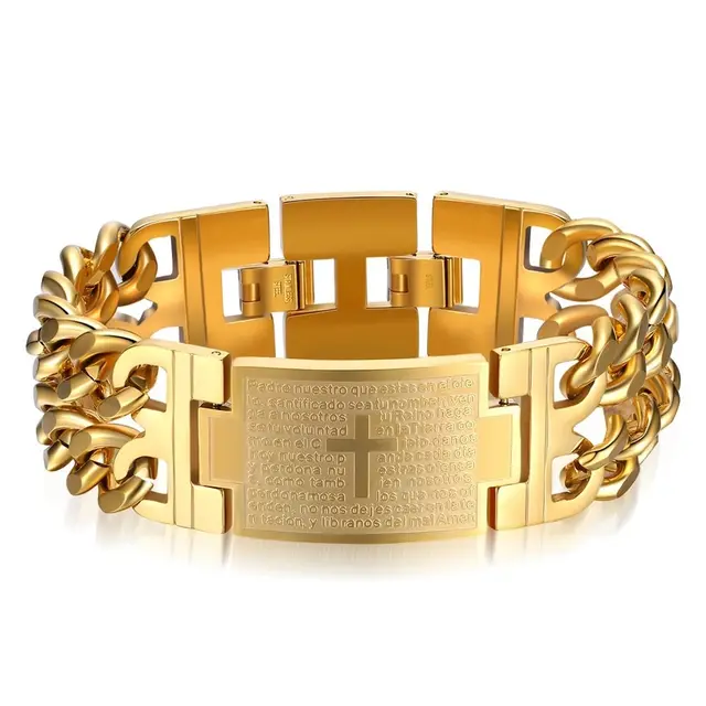 Double Buckle Bible Religious Cross Stainless Steel Bracelet Gold - Shop at LoveMi