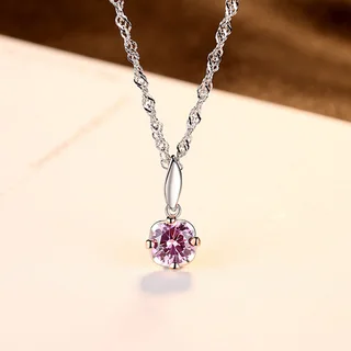 S925 Sterling Silver Pendant Necklace Water Wave Chain With 3A Zircon - Purple