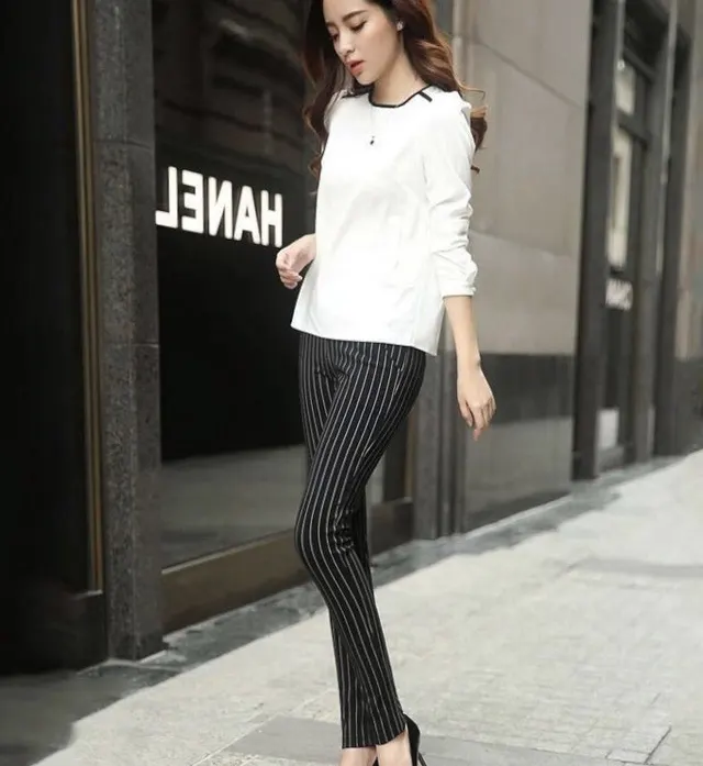 Women's Black And White Vertical Stripes Leggings Slim High Waist Pants 2.Black - Shop at LoveMi