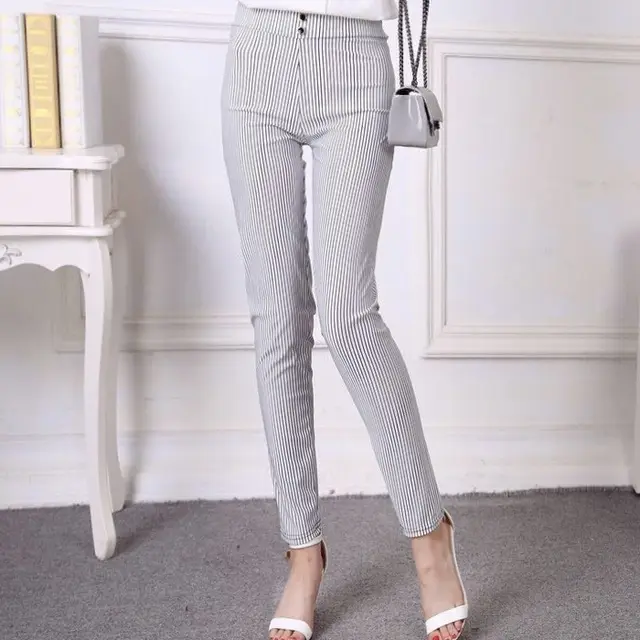 Women's Black And White Vertical Stripes Leggings Slim High Waist Pants White - Shop at LoveMi