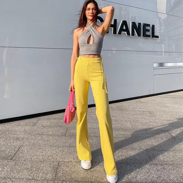 New High waist Strappy Slim fit Straight leg Basic Casual Pants Yellow - Shop at LoveMi