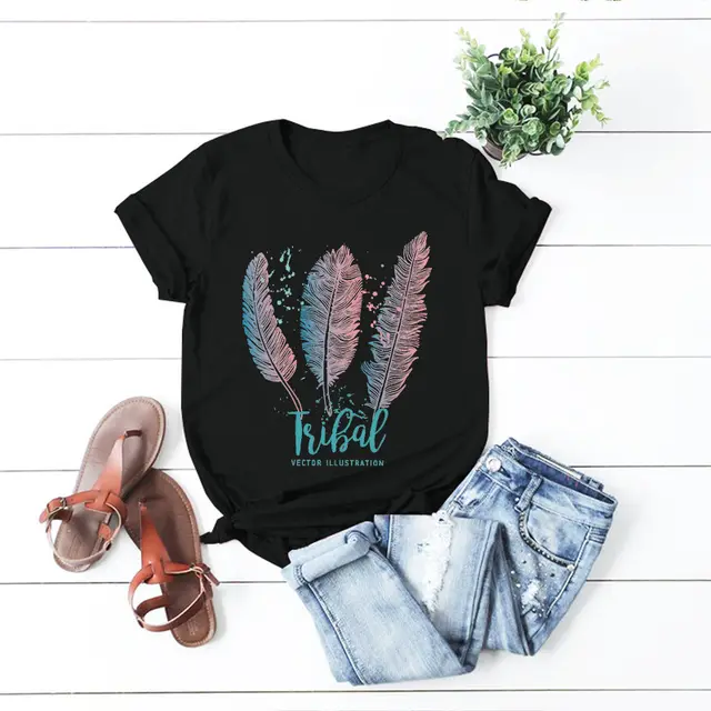 Women'S Feather Cotton Round Neck Short Sleeved T Shirt Women Black - Shop at LoveMi