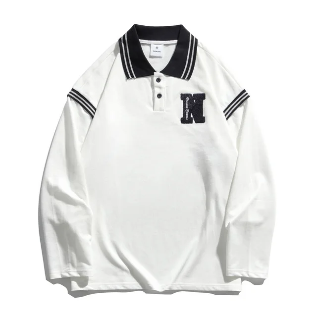 Age Reducing College Style Polo Shirt Lapel Men And Women Couples Loose Long Sleeves Beige.White - Shop at LoveMi