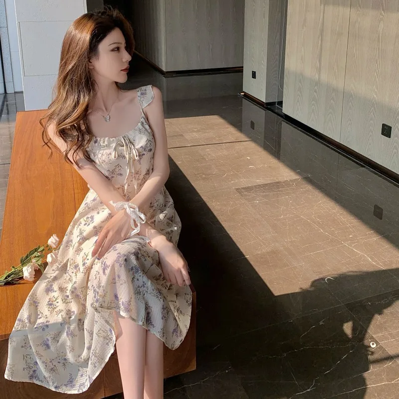 Women"S New Summer French Gentle And Elegant Chiffon Dress With Fragmentary Flower Temperament White - Shop at LoveMi