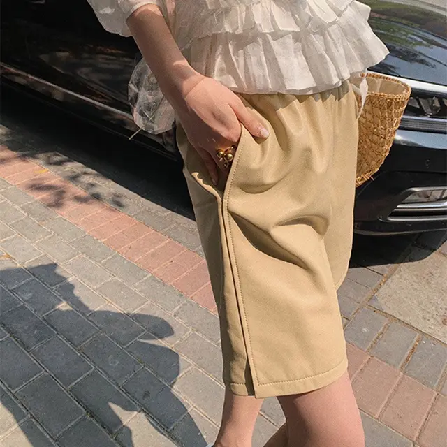 Fashion Leather Black Elastic High Waist Leather Pants Khaki - Shop at LoveMi