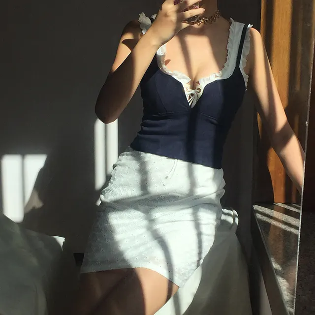 Retro Navy Blue V Neck Three Dimensional Shoulder Strap Butterfly Buckle Solid Color Vest Camisole Navy Blue - Shop at LoveMi