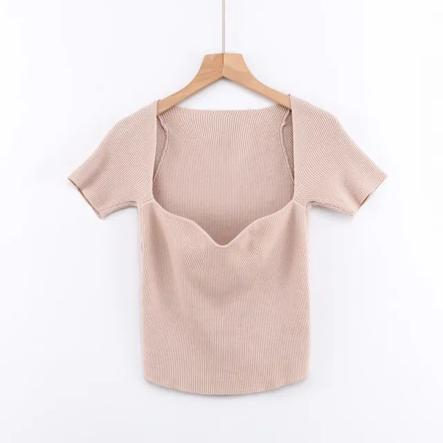 Summer Slim fit Retro Square Neck Heavy Industry Shoulder Short sleeved Knitted T shirt Apricot - Shop at LoveMi