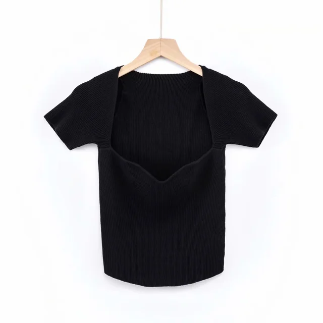 Summer Slim fit Retro Square Neck Heavy Industry Shoulder Short sleeved Knitted T shirt Black - Shop at LoveMi