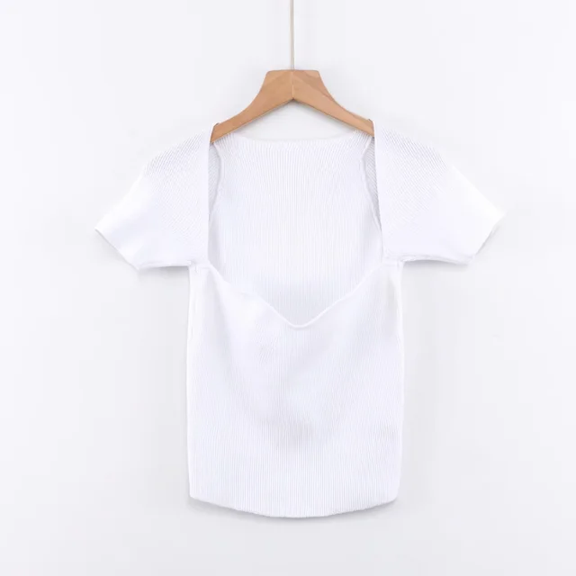 Summer Slim fit Retro Square Neck Heavy Industry Shoulder Short sleeved Knitted T shirt White - Shop at LoveMi