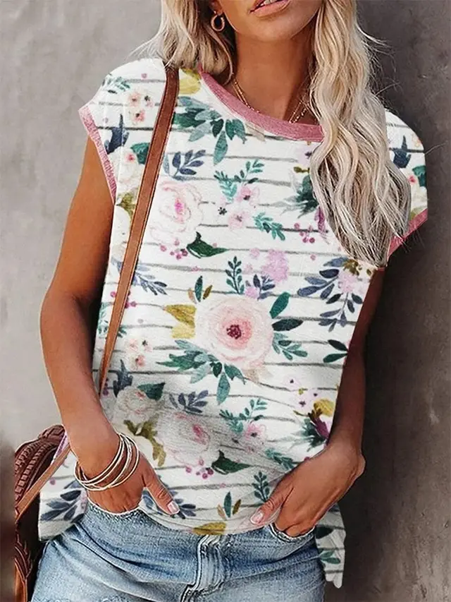 Plus Size Summer V neck Sleeveless T shirt Pullover Print Women's Top Pink - Shop at LoveMi