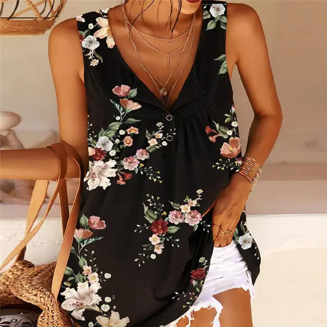 European And American Women's Printed V neck Button Sleeveless Vest Blouse Black - Shop at LoveMi