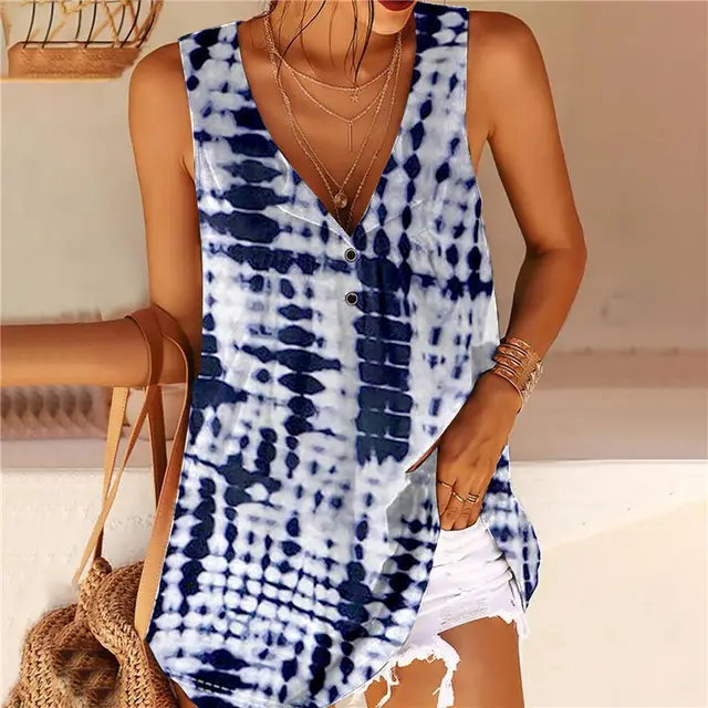 European And American Women's Printed V neck Button Sleeveless Vest Blouse Navy Blue - Shop at LoveMi