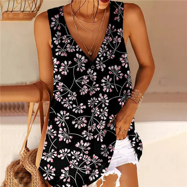 European And American Women's Printed V neck Button Sleeveless Vest Blouse Pink - Shop at LoveMi