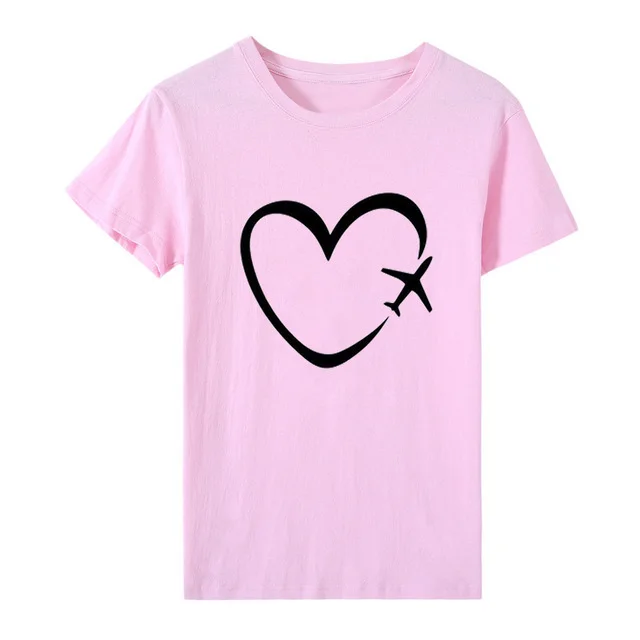 Creative Space Heart Love Pattern Printed Top Plus Size Short Sleeved T Shirt Pink - Shop at LoveMi