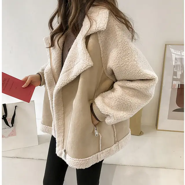 Suede Jacket Women Short Lamb Velvet Motorcycle Jacket Beige - Shop at LoveMi