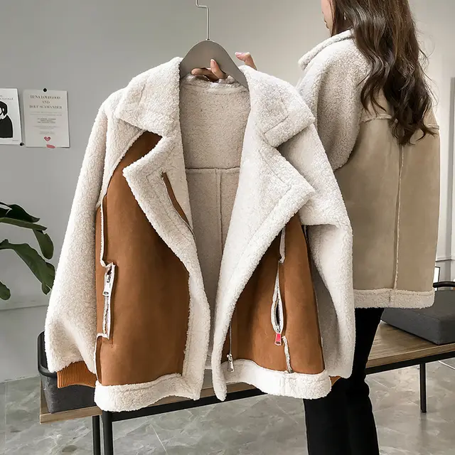 Suede Jacket Women Short Lamb Velvet Motorcycle Jacket Khaki - Shop at LoveMi