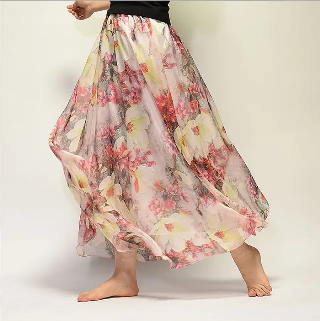 Bohemian Printed Chiffon Mid Length Skirt, Floral Skirt, A Line Skirt, Large Swing Female Skirt, Beach Long Skirt 80Cm - Shop at LoveMi