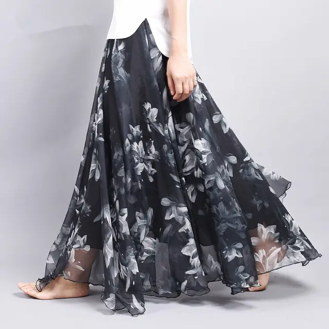 Bohemian Printed Chiffon Mid Length Skirt, Floral Skirt, A Line Skirt, Large Swing Female Skirt, Beach Long Skirt - Shop at LoveMi
