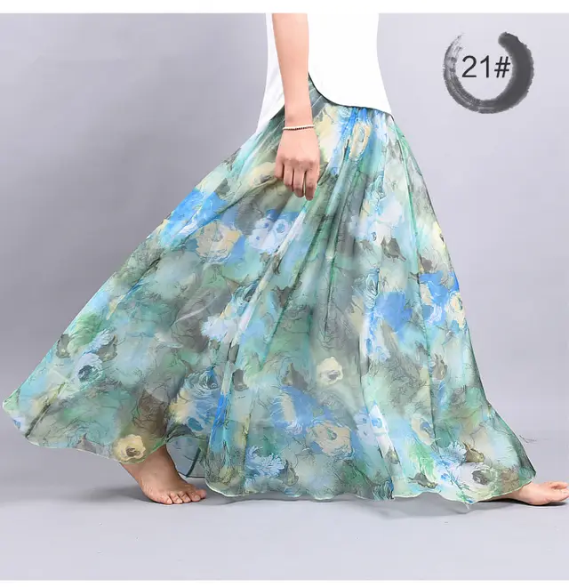 Bohemian Printed Chiffon Mid Length Skirt, Floral Skirt, A Line Skirt, Large Swing Female Skirt, Beach Long Skirt - Shop at LoveMi