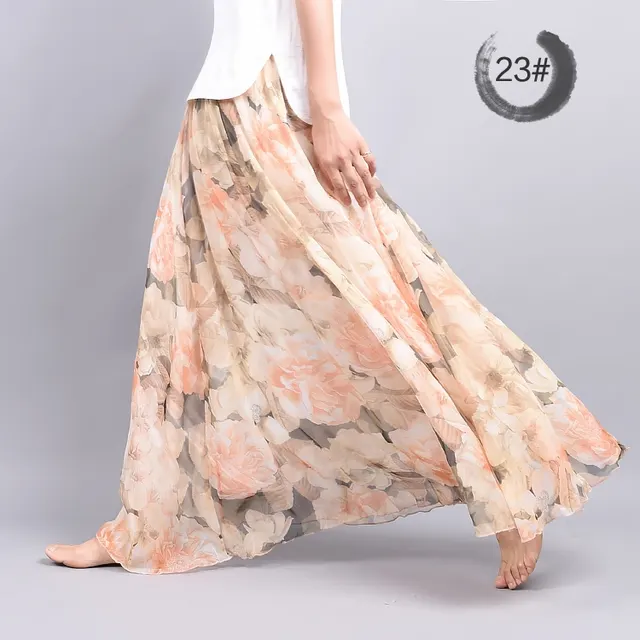 Bohemian Printed Chiffon Mid Length Skirt, Floral Skirt, A Line Skirt, Large Swing Female Skirt, Beach Long Skirt - Shop at LoveMi