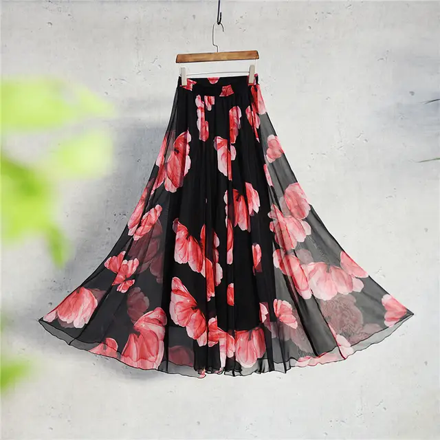 Bohemian Printed Chiffon Mid Length Skirt, Floral Skirt, A Line Skirt, Large Swing Female Skirt, Beach Long Skirt - Shop at LoveMi