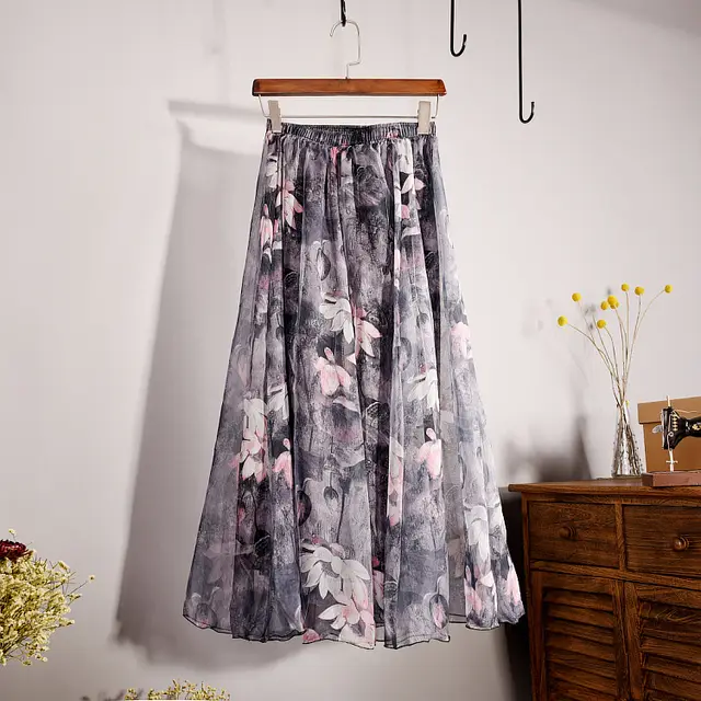 Bohemian Printed Chiffon Mid Length Skirt, Floral Skirt, A Line Skirt, Large Swing Female Skirt, Beach Long Skirt - Shop at LoveMi
