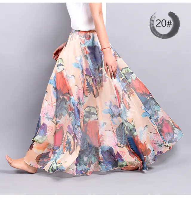 Bohemian Printed Chiffon Mid Length Skirt, Floral Skirt, A Line Skirt, Large Swing Female Skirt, Beach Long Skirt G - Shop at LoveMi