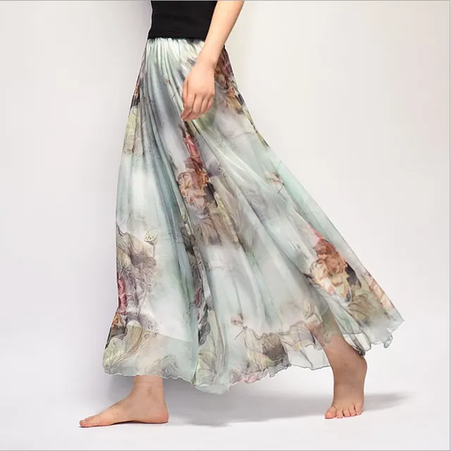 Bohemian Printed Chiffon Mid Length Skirt, Floral Skirt, A Line Skirt, Large Swing Female Skirt, Beach Long Skirt J - Shop at LoveMi