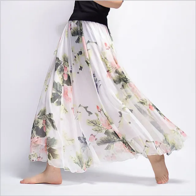 Bohemian Printed Chiffon Mid Length Skirt, Floral Skirt, A Line Skirt, Large Swing Female Skirt, Beach Long Skirt K - Shop at LoveMi