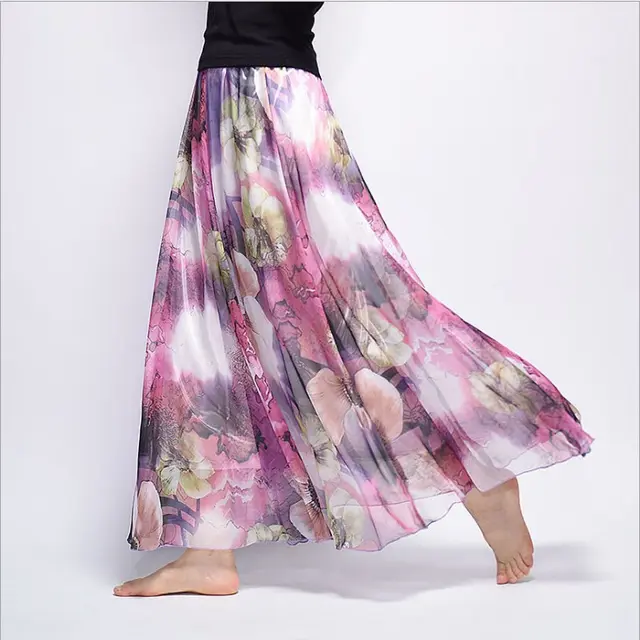 Bohemian Printed Chiffon Mid Length Skirt, Floral Skirt, A Line Skirt, Large Swing Female Skirt, Beach Long Skirt P - Shop at LoveMi