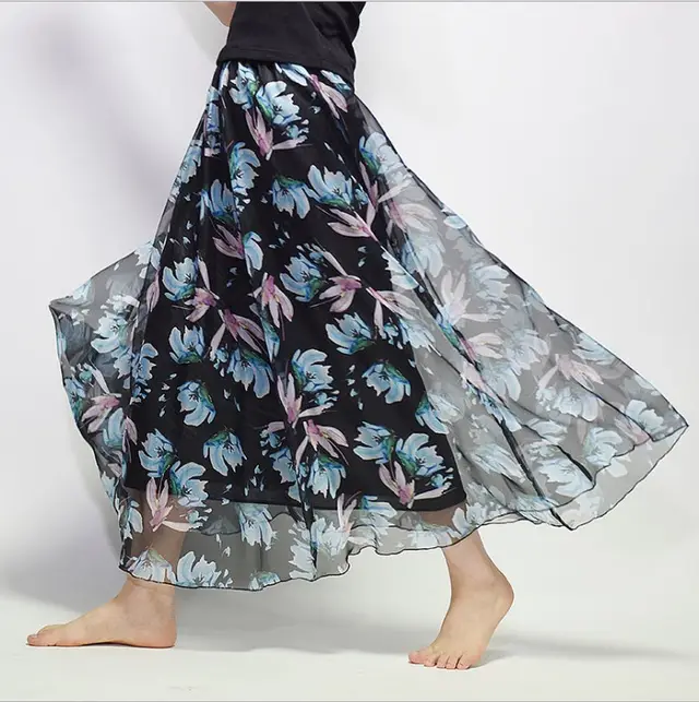 Bohemian Printed Chiffon Mid Length Skirt, Floral Skirt, A Line Skirt, Large Swing Female Skirt, Beach Long Skirt R - Shop at LoveMi