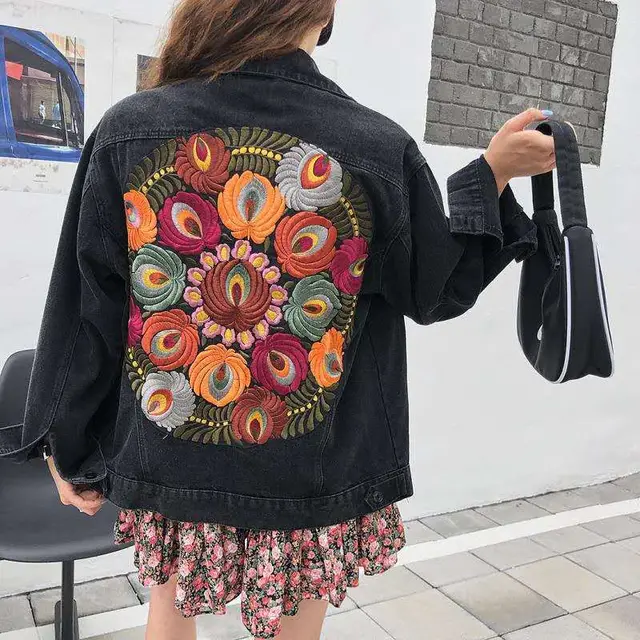 British Style Loose Leisure Plant Flower Ben Embroidery Retro Denim Jacket Black - Shop at LoveMi