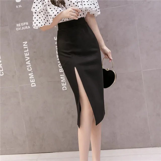 New Elastic Mid Length Skirt High Slit Skirt Female Bag Hip Skirt Slim Slim Cheongsam Skirt Black - Shop at LoveMi