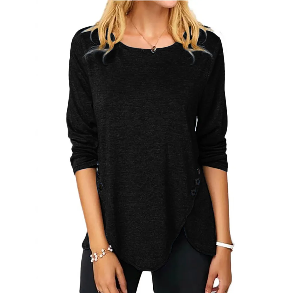 Spring And Summer Hot Style Irregular Button Hem Long Sleeve Round Neck T-shirt - Black
