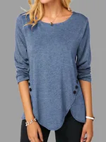 Spring And Summer Hot Style Irregular Button Hem Long Sleeve Round Neck T-shirt - Blue