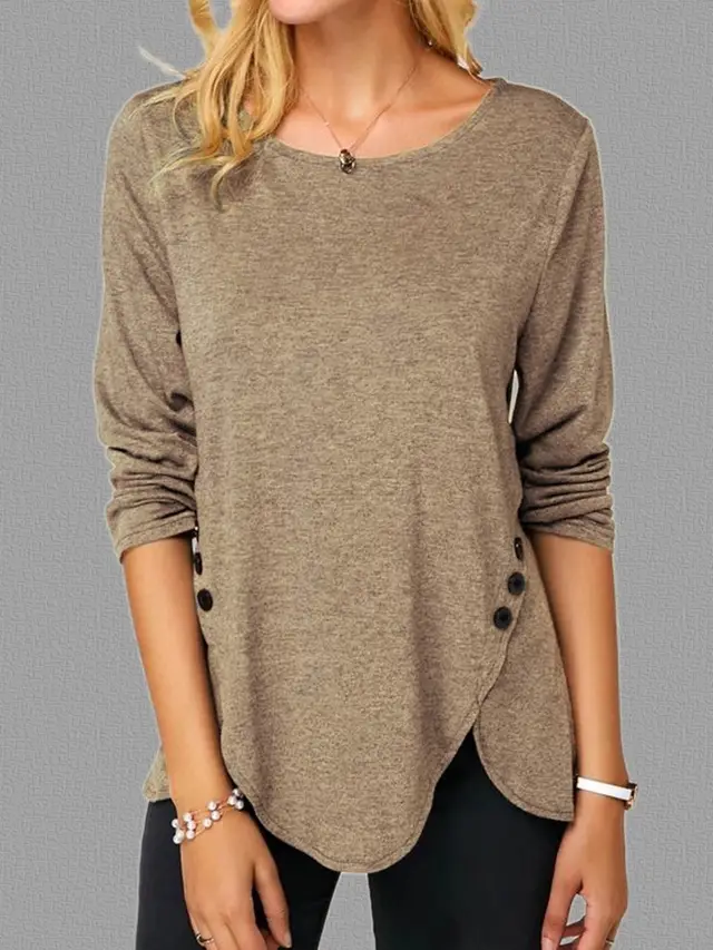 Spring And Summer Hot Style Irregular Button Hem Long Sleeve Round Neck T-shirt - Khaki