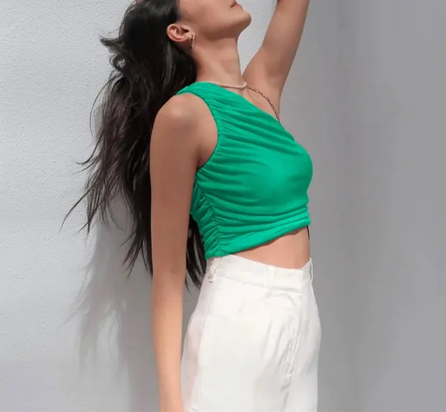 One Shoulder Crop Top Women Sexy Sleeveless Ruched Tank Top Summer White Black Blue Orange Plain Short Tanks Camis Green - Shop at LoveMi