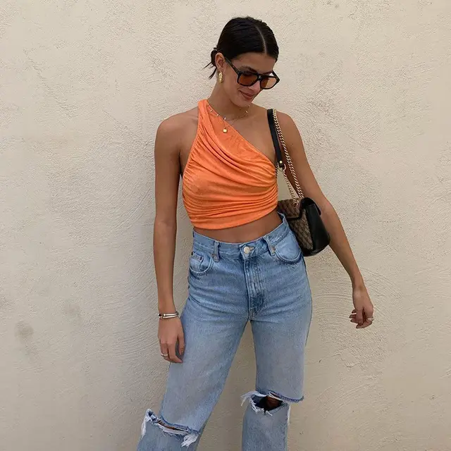 One Shoulder Crop Top Women Sexy Sleeveless Ruched Tank Top Summer White Black Blue Orange Plain Short Tanks Camis Orange - Shop at LoveMi