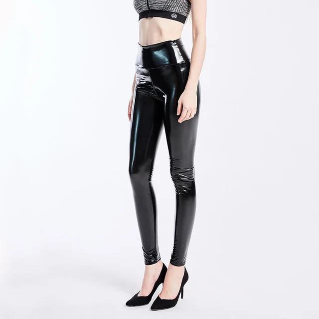 Mirror High Gloss PU Leather High Waist Leggings Women's Pants Black - Shop at LoveMi