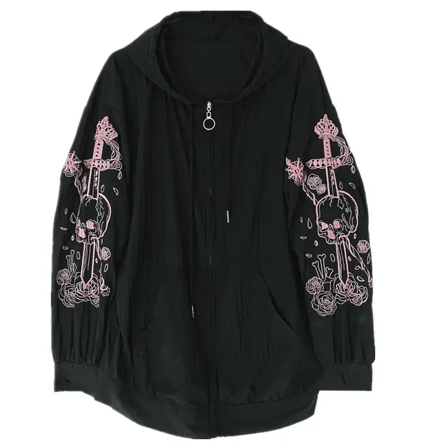 Cute Soft Girl College Style Embroidery Japanese Girl Loose Hooded Sweater Cardigan Jacket Black Thin Section - Shop at LoveMi