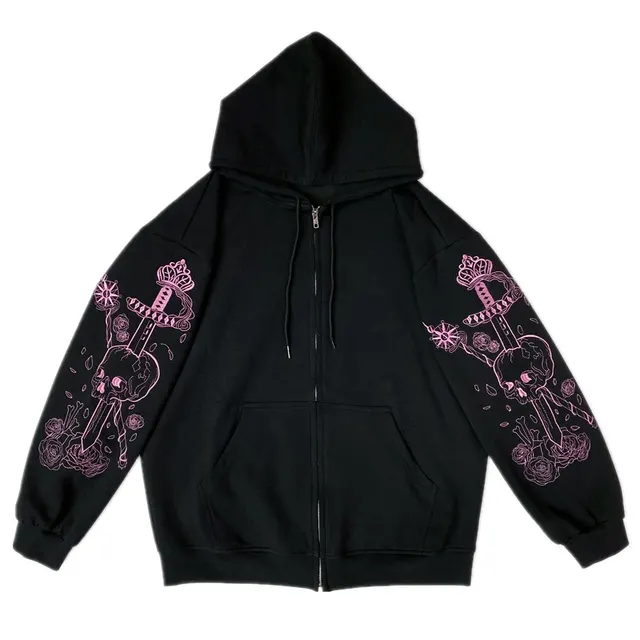 Cute Soft Girl College Style Embroidery Japanese Girl Loose Hooded Sweater Cardigan Jacket Black - Shop at LoveMi