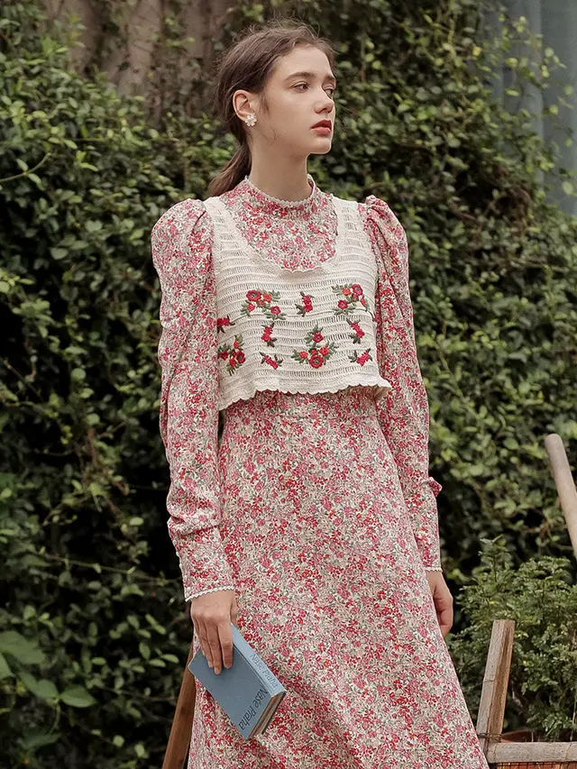 Watercolor Neverland Knitted Hollow Embroidered Vest Apricot - Shop at LoveMi