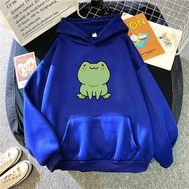 Lazy Wind Cartoon With Fluffy Loose Frog Hoodie Blue - Shop at LoveMi